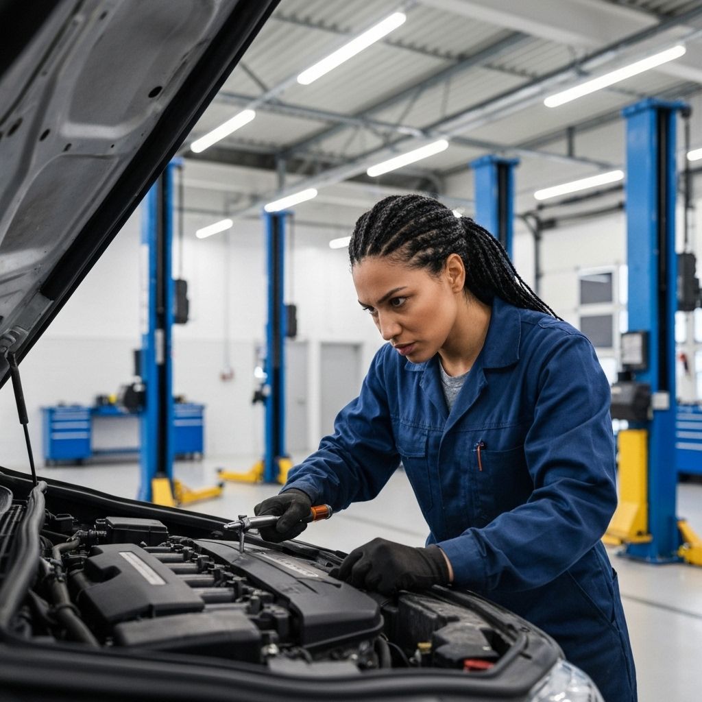 Professional auto mechanic working on vehicle